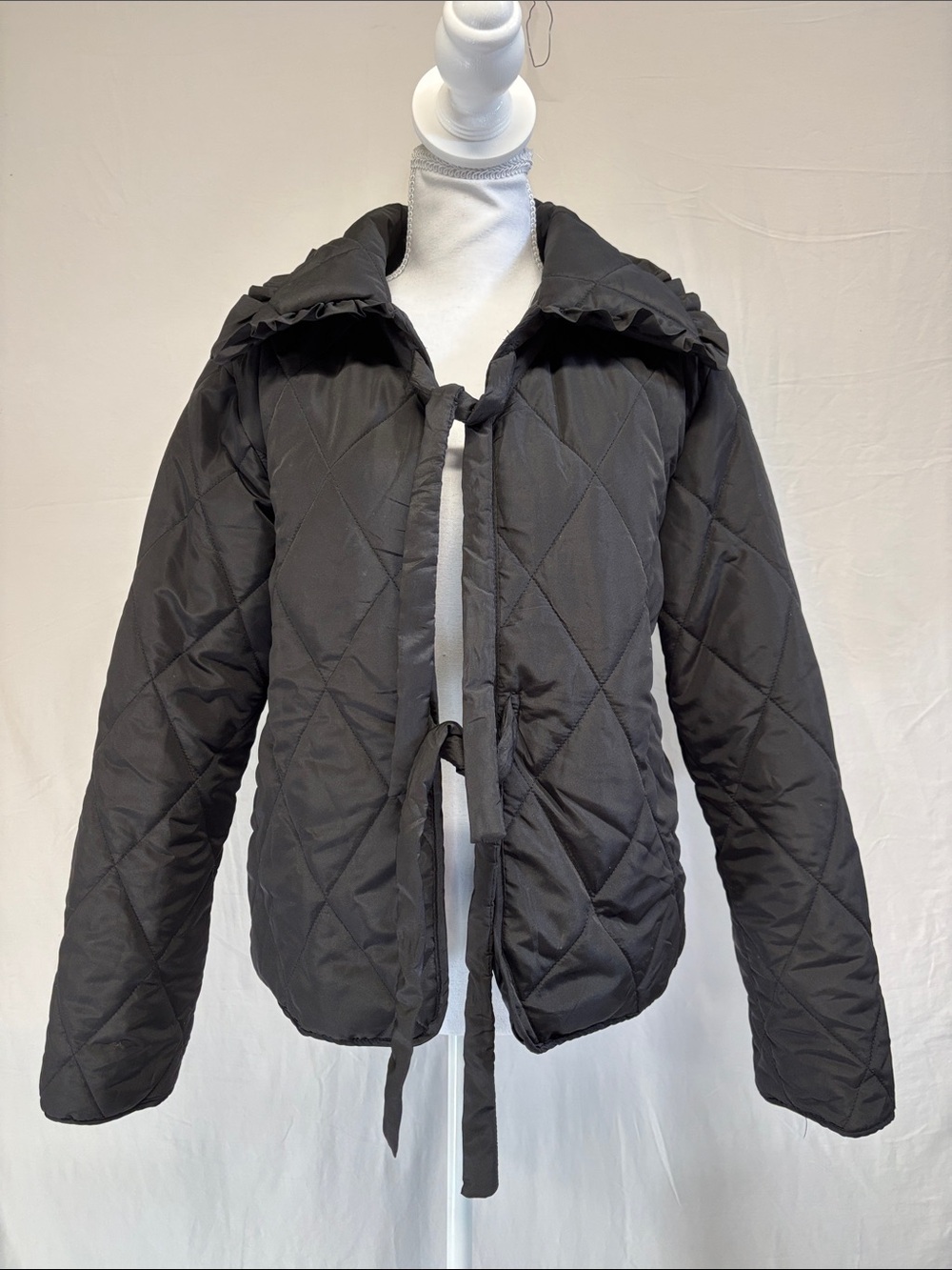 Adorable Black Quilted Tie-Front Jacket - Women